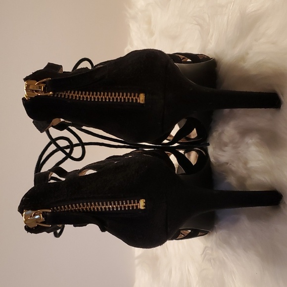 Nine West Authority Black Suede Cut Out Laceup Peep Toe Sandal Heels Size 10 - Picture 3 of 8